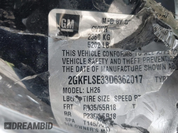 2013 GMC Terrain SLE with VIN 2GKFLSE33D6362017, listed as a IAAI auction lot 41552732 with 272,775 mi miles and . Bid and sale history available at DreamBid. Image 9.