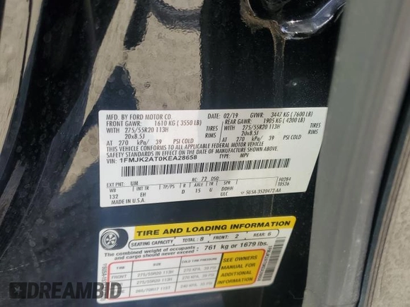 2019 Ford Expedition Max Limited with VIN 1FMJK2AT0KEA28658, listed as a Copart auction lot 51100935 with 105,288 mi miles and Salvage title. Bid and sale history available at DreamBid. Image 14.