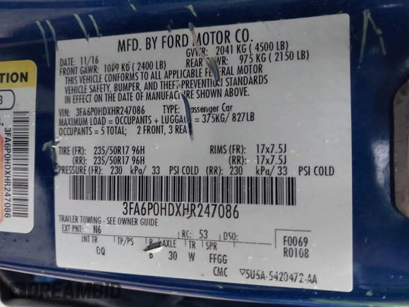 2017 Ford Fusion SE with VIN 3FA6P0HDXHR247086, listed as a IAAI auction lot 42346241 with 229,149 mi miles and . Bid and sale history available at DreamBid. Image 9.