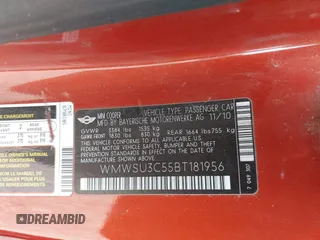 2011 MINI Hardtop with VIN WMWSU3C55BT181956, listed as a IAAI auction lot 42564011 with 106,430 mi miles and . Bid and sale history available at DreamBid. Image 9.