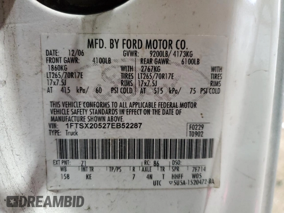2007 Ford F-250 XL with VIN 1FTSX20527EB52287, listed as a Copart auction lot 81201714 with 197,608 mi miles and Clean title. Bid and sale history available at DreamBid. Image 12.