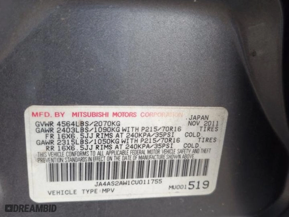 2012 Mitsubishi Outlander ES with VIN JA4AS2AW1CU011755, listed as a Copart auction lot 54343794 with 190,269 mi miles and Salvage Title. Bid and sale history available at carsss.com. Image 12.