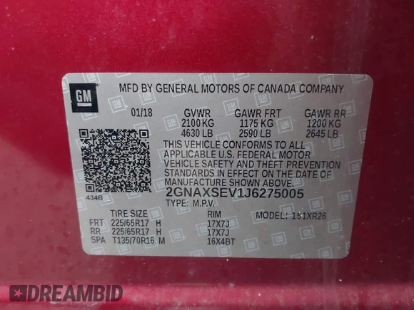 2018 Chevrolet Equinox LT with VIN 2GNAXSEV1J6275005, listed as a IAAI auction lot 40781380 with 112,664 mi miles. Bid and sale history available at carsss.com. Image 9.