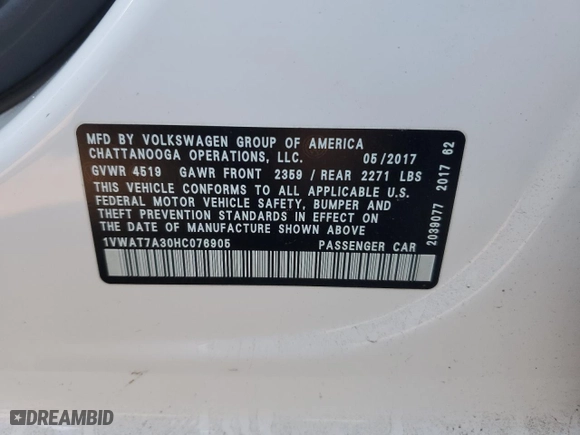 2017 Volkswagen Passat 1.8T S with VIN 1VWAT7A30HC076905, listed as a Copart auction lot 48500675 with 37,478 mi miles and Salvage Title. Bid and sale history available at carsss.com. Image 14.