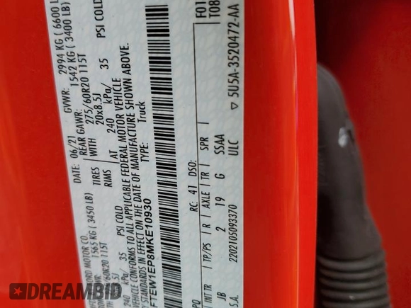 2021 Ford F-150 XL z VIN 1FTEW1EP8MKE10930, wystawiony jako Copart lot #60818745 z przebiegiem Nie podano mil oraz Szkoda całkowita • Salvage title. Historia ofert i sprzedaży dostępna na DreamBid. Obrazek 12.