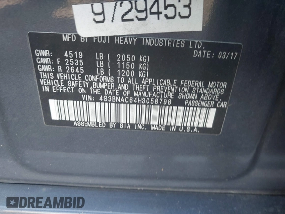 2017 Subaru Legacy Premium with VIN 4S3BNAC64H3058798, listed as a IAAI auction lot 42422926 with 200,699 mi miles and . Bid and sale history available at DreamBid. Image 9.