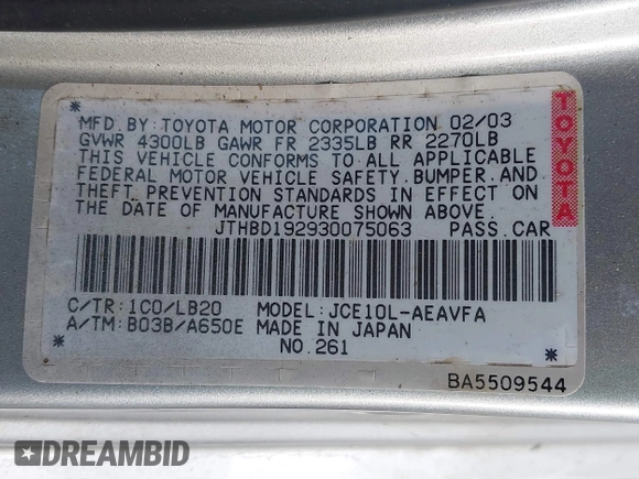 2003 Lexus IS 300/350 with VIN JTHBD192930075063, listed as a IAAI auction lot 42085918 with 235,807 mi miles and . Bid and sale history available at DreamBid. Image 9.
