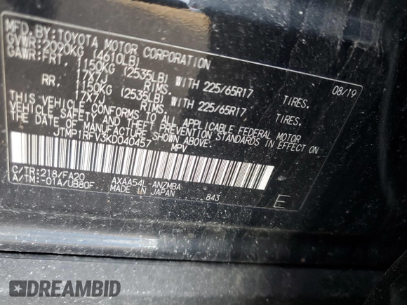 2019 Toyota RAV4 XLE with VIN JTMP1RFV3KD040457, listed as a Copart auction lot 46469435 with 62,067 mi miles and Salvage Title. Bid and sale history available at carsss.com. Image 13.
