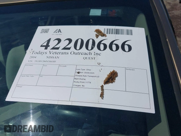 2004 Nissan Quest SE z VIN 5N1BV28U84N306185, wystawiony jako IAAI lot #42200666 z przebiegiem 105 000 mil mil oraz . Historia ofert i sprzedaży dostępna na DreamBid. Obrazek 12.