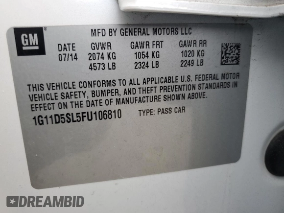 2015 Chevrolet Malibu LT with VIN 1G11D5SL5FU106810, listed as a Copart auction lot 53909435 with 142,616 mi miles and Salvage Title. Bid and sale history available at DreamBid. Image 12.