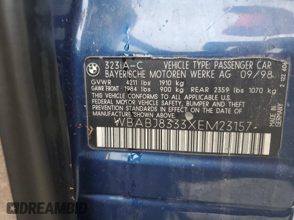 1999 BMW 3 Series 323icA with VIN WBABJ8333XEM23157, listed as a Copart auction lot 74237224 with 0 mi miles and Salvage Title. Bid and sale history available at carsss.com. Image 13.