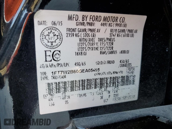 2016 Ford F-250 Lariat with VIN 1FT7W2B60GEA05495, listed as a Copart auction lot 52885575 with 113,520 mi miles and Salvage title. Bid and sale history available at DreamBid. Image 13.