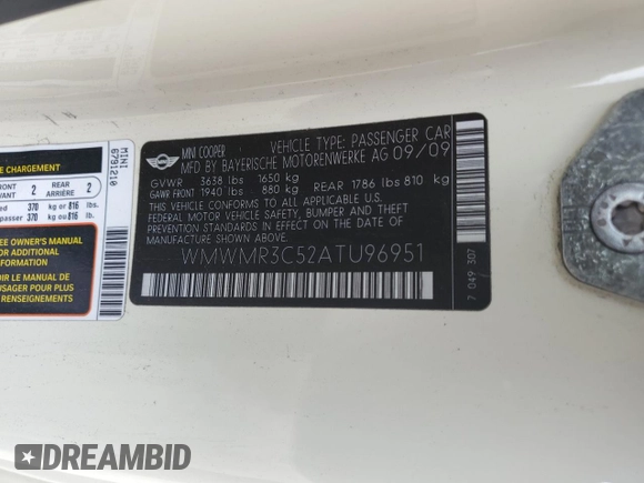 2010 MINI Convertible with VIN WMWMR3C52ATU96951, listed as a Copart auction lot 82038804 with 120,199 mi miles and Clean Title. Bid and sale history available at DreamBid. Image 13.
