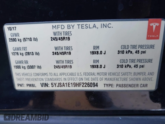 2017 Tesla Model S 60 with VIN 5YJSA1E19HF226094, listed as a IAAI auction lot 40931307 with 80,392 mi miles and . Bid and sale history available at DreamBid. Image 9.