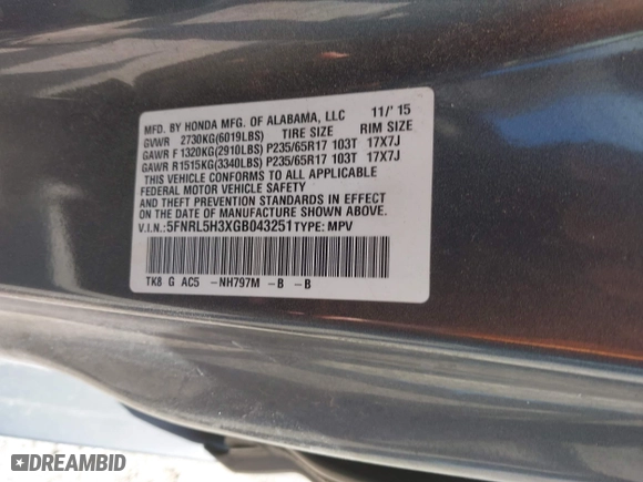 2016 Honda Odyssey SE with VIN 5FNRL5H3XGB043251, listed as a IAAI auction lot 42050805 with 156,537 mi miles. Bid and sale history available at carsss.com. Image 9.