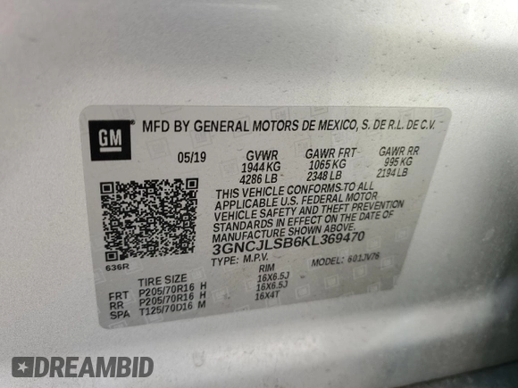 2019 Chevrolet Trax LT z VIN 3GNCJLSB6KL369470, wystawiony jako Copart lot #56122045 z przebiegiem 67 051 mil mil oraz Szkoda całkowita • Salvage title. Historia ofert i sprzedaży dostępna na DreamBid. Obrazek 12.