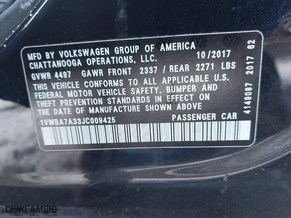 2018 Volkswagen Passat 2.0T SE with VIN 1VWBA7A33JC009425, listed as a IAAI auction lot 41362076 with 89,673 mi miles. Bid and sale history available at carsss.com. Image 9.