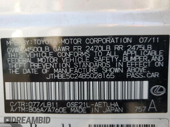 2011 Lexus IS 350 with VIN JTHBE5C24B5028165, listed as a Copart auction lot 85697574 with 76,306 mi miles and Salvage Title. Bid and sale history available at carsss.com. Image 13.