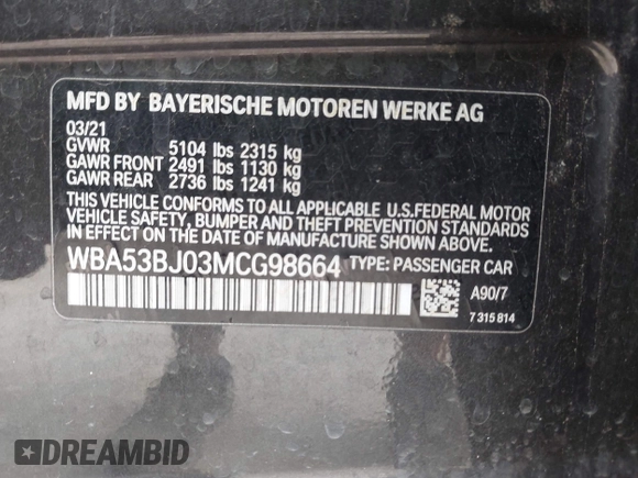 2021 BMW 5 Series 540i with VIN WBA53BJ03MCG98664, listed as a IAAI auction lot 42488708 with 64,101 mi miles and . Bid and sale history available at DreamBid. Image 9.