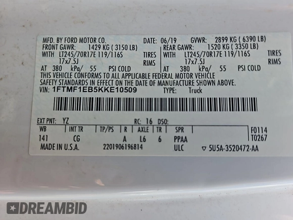 2019 Ford F-150 XL with VIN 1FTMF1EB5KKE10509, listed as a IAAI auction lot 42778592 with 132,692 mi miles and . Bid and sale history available at DreamBid. Image 20.