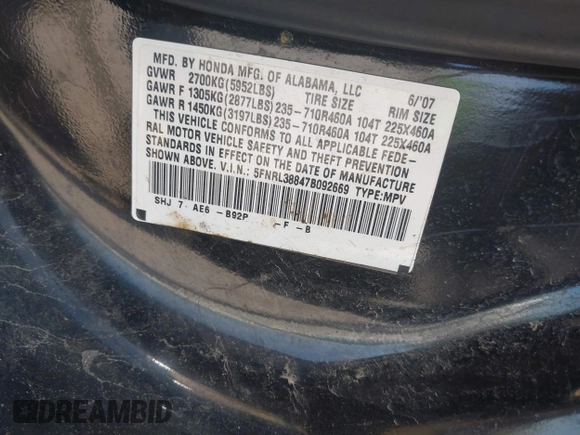 2007 Honda Odyssey Touring with VIN 5FNRL38847B092669, listed as a IAAI auction lot 42220313 with 177,789 mi miles and . Bid and sale history available at DreamBid. Image 9.