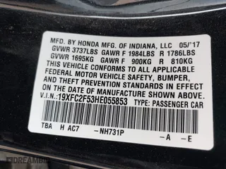 2017 Honda Civic Sedan LX with VIN 19XFC2F53HE055853, listed as a IAAI auction lot 41906645 with 186,109 mi miles. Bid and sale history available at carsss.com. Image 9.