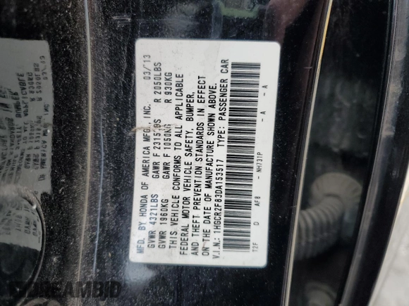2013 Honda Accord EX-L with VIN 1HGCR2F83DA153517, listed as a Copart auction lot 54852775 with 239,223 mi miles and Salvage Title. Bid and sale history available at DreamBid. Image 12.