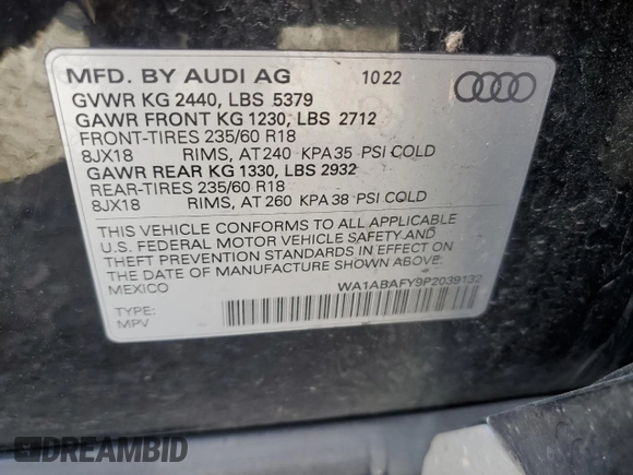 2023 Audi Q5 Premium with VIN WA1ABAFY9P2039132, listed as a Copart auction lot 54723375 with 83,135 mi miles and Salvage title. Bid and sale history available at DreamBid. Image 12.