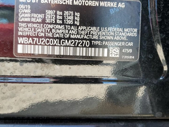 2020 BMW 7 Series 750i xDrive with VIN WBA7U2C0XLGM27270, listed as a Copart auction lot 77241404 with 68,998 mi miles and Salvage Title. Bid and sale history available at carsss.com. Image 13.