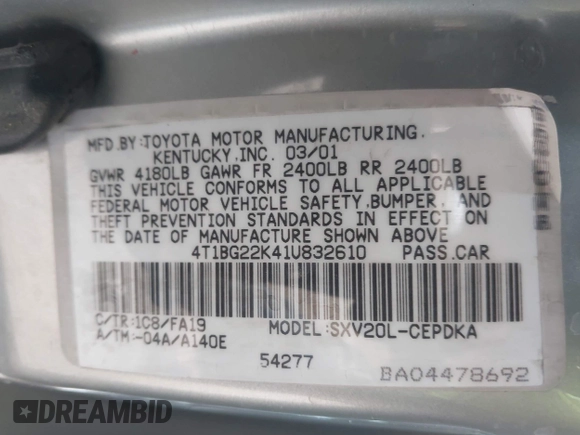 2001 Toyota Camry CE with VIN 4T1BG22K41U832610, listed as a IAAI auction lot 42010506 with 142,175 mi miles. Bid and sale history available at carsss.com. Image 9.