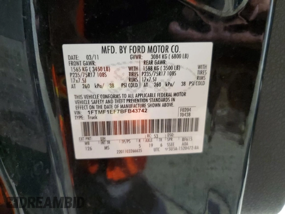 2011 Ford F-150 XL with VIN 1FTMF1EF7BFB43742, listed as a Copart auction lot 87248424 with 164,668 mi miles and Salvage title. Bid and sale history available at DreamBid. Image 12.
