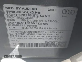 2019 Audi Q5 Premium with VIN WA1ANAFY1K2065059, listed as a IAAI auction lot 40566830 with 61,534 mi miles. Bid and sale history available at carsss.com. Image 9.