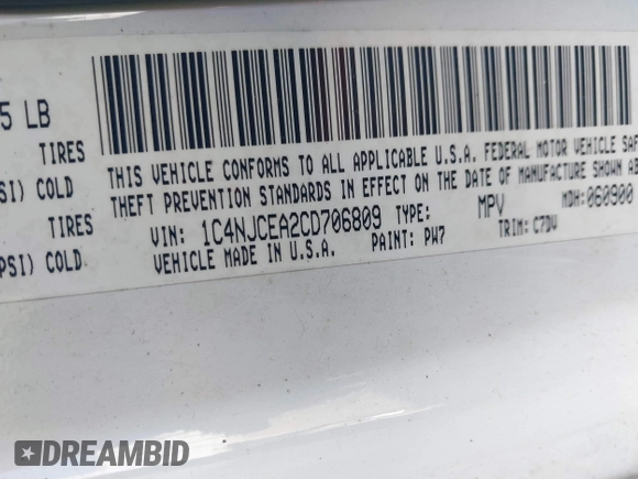 2012 Jeep Compass Latitude with VIN 1C4NJCEA2CD706809, listed as a IAAI auction lot 40956063 with 159,976 mi miles and . Bid and sale history available at carsss.com. Image 9.
