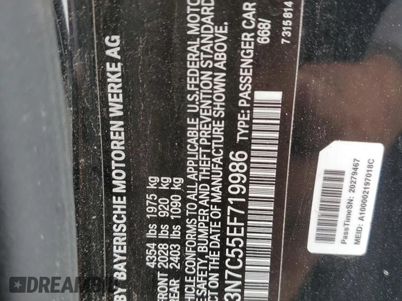 2014 BMW 4 Series 428i with VIN WBA3N7C55EF719986, listed as a Copart auction lot 56692685 with 74,377 mi miles and Salvage title. Bid and sale history available at DreamBid. Image 12.