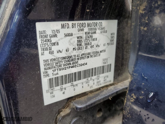 2006 Ford Super Duty F-250 XL with VIN 1FTSW21P46EC32434, listed as a Copart auction lot 45732945 with 157,301 mi miles and Salvage Title. Bid and sale history available at carsss.com. Image 14.