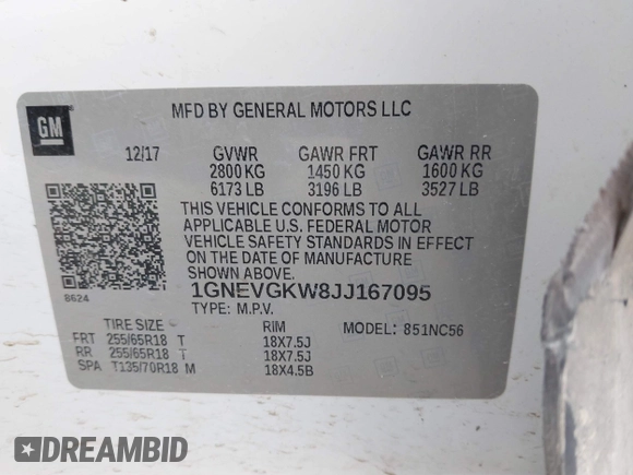 2018 Chevrolet Traverse LT Cloth z VIN 1GNEVGKW8JJ167095, wystawiony jako IAAI lot #41479356 z przebiegiem 98 615 mil mil oraz . Historia ofert i sprzedaży dostępna na DreamBid. Obrazek 9.