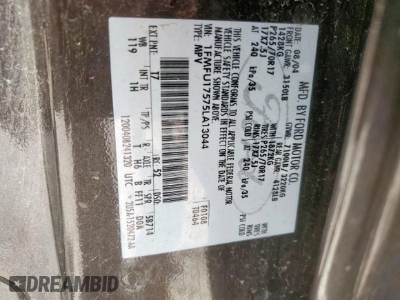 2005 Ford Expedition Eddie Bauer with VIN 1FMFU17575LA13044, listed as a Copart auction lot 59972345 with 238,507 mi miles and Salvage title. Bid and sale history available at DreamBid. Image 13.