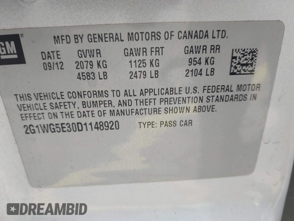 2013 Chevrolet Impala LT with VIN 2G1WG5E30D1148920, listed as a IAAI auction lot 41903310 with 134,349 mi miles and . Bid and sale history available at DreamBid. Image 9.