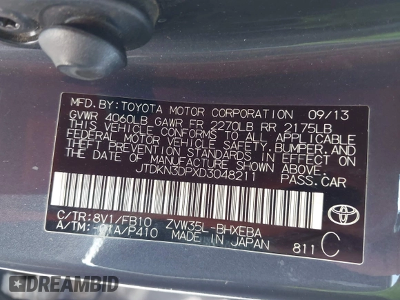 2013 Toyota Prius with VIN JTDKN3DPXD3048211, listed as a IAAI auction lot 41623928 with Not provided miles and . Bid and sale history available at DreamBid. Image 9.