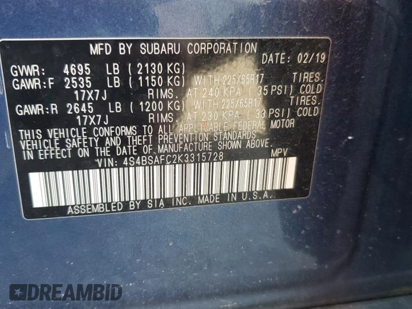 2019 Subaru Outback Premium with VIN 4S4BSAFC2K3315728, listed as a Copart auction lot 50552615 with 104,238 mi miles and Salvage Title. Bid and sale history available at carsss.com. Image 14.