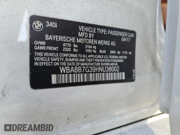 2017 BMW 3 Series 340i xDrive with VIN WBA8B7G39HNU38002, listed as a Copart auction lot 83716054 with 83,378 mi miles and Salvage title. Bid and sale history available at DreamBid. Image 14.