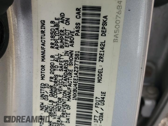 2010 Toyota Corolla with VIN 1NXBU4EE1AZ377581, listed as a Copart auction lot 52578805 with 242,776 mi miles and Salvage Title. Bid and sale history available at DreamBid. Image 12.