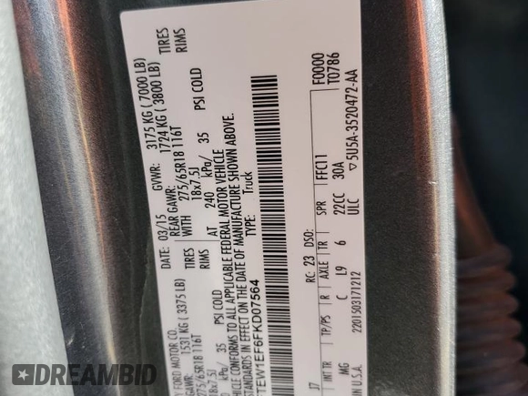 2015 Ford F-150 XLT with VIN 1FTEW1EF6FKD07564, listed as a Copart auction lot 50184605 with 270,166 mi miles and Salvage Title. Bid and sale history available at carsss.com. Image 12.