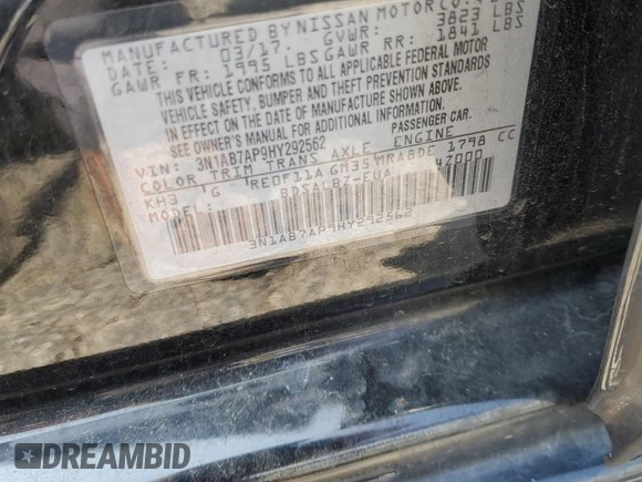 2017 Nissan Sentra S with VIN 3N1AB7AP9HY292562, listed as a Copart auction lot 60436125 with 144,216 mi miles and Salvage title. Bid and sale history available at DreamBid. Image 12.