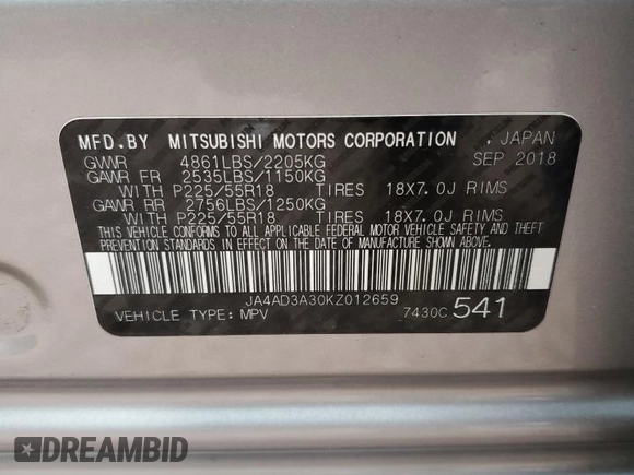 2019 Mitsubishi Outlander SE with VIN JA4AD3A30KZ012659, listed as a Copart auction lot 49131335 with 40,790 mi miles and Salvage title. Bid and sale history available at DreamBid. Image 12.