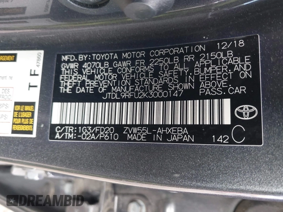 2019 Toyota Prius LE with VIN JTDL9RFU2K3000147, listed as a IAAI auction lot 41982869 with 39,129 mi miles and . Bid and sale history available at DreamBid. Image 9.