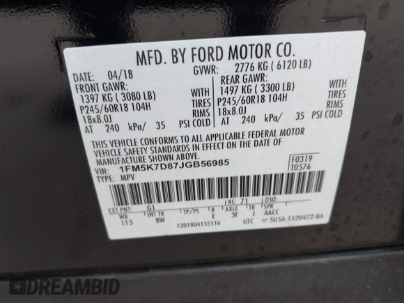 2018 Ford Explorer XLT with VIN 1FM5K7D87JGB56985, listed as a IAAI auction lot 42436824 with 46,010 mi miles and . Bid and sale history available at DreamBid. Image 9.