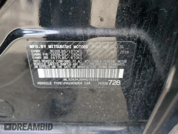 2017 Mitsubishi Mirage ES with VIN ML32A3HJ6HH016319, listed as a Copart auction lot 53732925 with 177,388 mi miles and Salvage title. Bid and sale history available at DreamBid. Image 12.