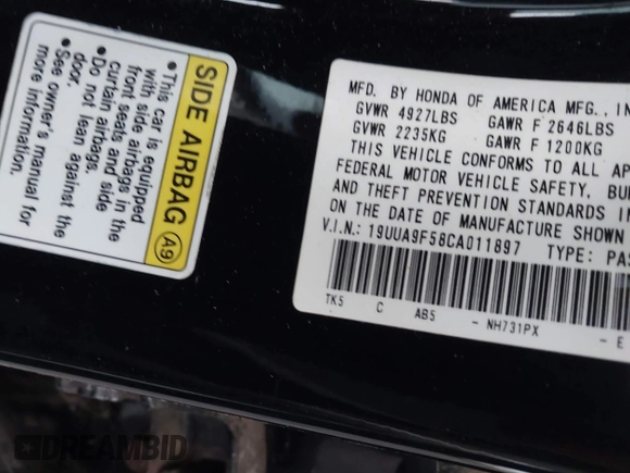 2012 Acura TL Tech Auto with VIN 19UUA9F58CA011897, listed as a IAAI auction lot 40535350 with 213,564 mi miles. Bid and sale history available at carsss.com. Image 9.