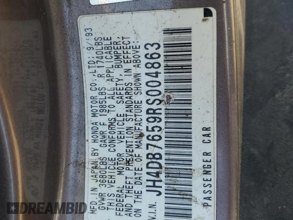 1994 Acura Integra LS with VIN JH4DB7659RS004863, listed as a Copart auction lot 54373475 with 173,375 mi miles and Clean title. Bid and sale history available at DreamBid. Image 12.
